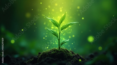Young plant sprouting from soil with glowing lights