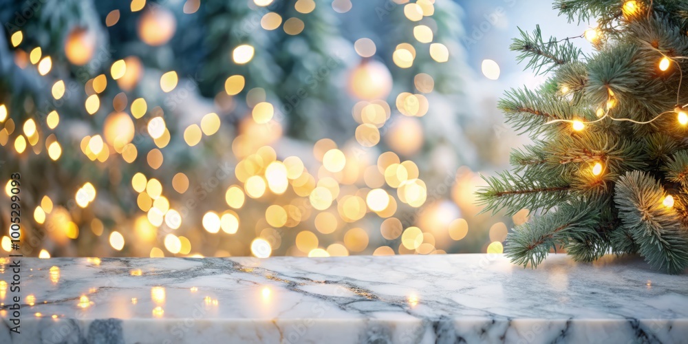 A serene marble table setting surrounded by enchanting blurred tree lights, featuring delightful snowy holiday A serene marble table setting surrounded by enchanting blurred tree lights, featuring delightful snowy holiday