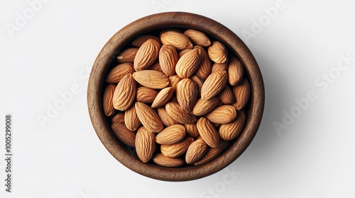 top view of a wooden bowl filled with whole almonds on a white background