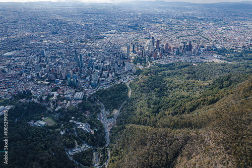 Vista aérea de los cerros de Monserrate y Guadalupe que rodean la ciudad de Bogotá.  photo