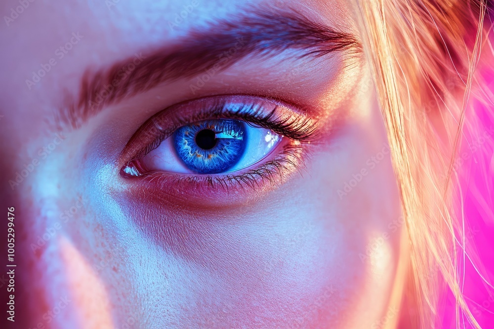 Blue eyes. Closeup eyes of beautiful young girl looking at camera in pink neon light. Concept of cosmetics, makeup, natural and eco treatment, skin care. with generative ai Blue eyes. Closeup eyes of beautiful young girl looking at camera in pink neon light. Concept of cosmetics, makeup, natural and eco treatment, skin care. with generative ai