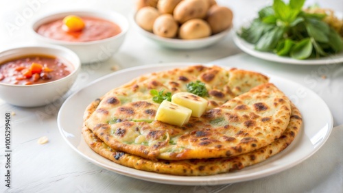 Aloo Paratha: Traditional Indian Potato-Stuffed Bread, Served with Tomato Ketchup and Curd






 photo