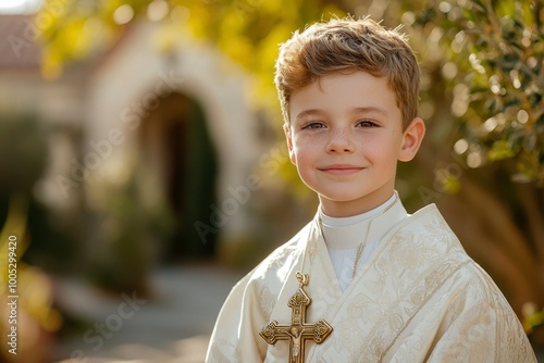 Young Boy in White Robe Wearing a Gold Cross