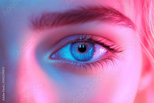 Blue eyes. Closeup eyes of beautiful young girl looking at camera in pink neon light. Concept of cosmetics, makeup, natural and eco treatment, skin care. with generative ai