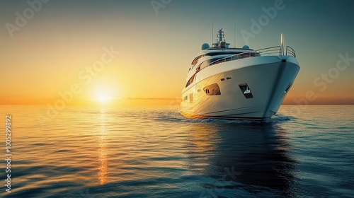 luxurious yacht sailing on calm ocean waters at sunset glimmering reflections of the sun on the waves elegant design of the boat emphasizing wealth and leisure serene atmosphere