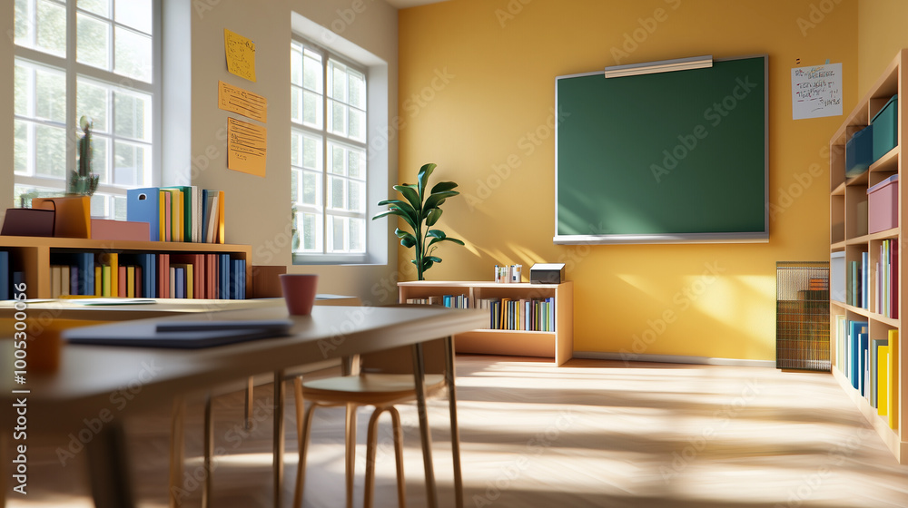 bright and inviting classroom featuring green chalkboard, wooden tables, and colorful bookshelves filled with books. sunlight streams in, creating warm atmosphere for learning. bright and inviting classroom featuring green chalkboard, wooden tables, and colorful bookshelves filled with books. sunlight streams in, creating warm atmosphere for learning.