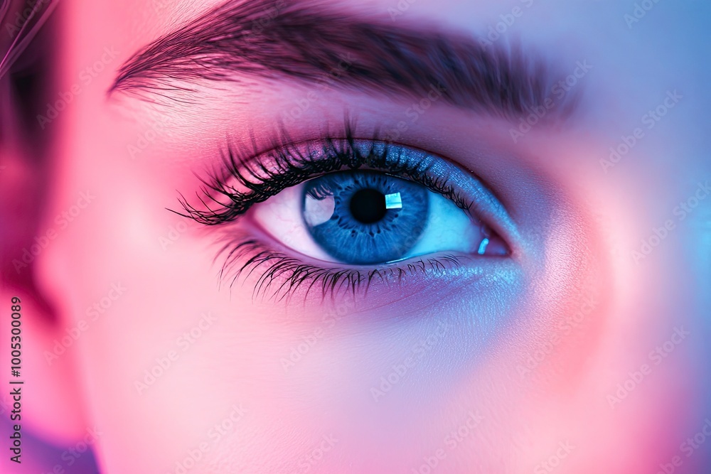 Blue eyes. Closeup eyes of beautiful young girl looking at camera in pink neon light. Concept of cosmetics, makeup, natural and eco treatment, skin care. with generative ai Blue eyes. Closeup eyes of beautiful young girl looking at camera in pink neon light. Concept of cosmetics, makeup, natural and eco treatment, skin care. with generative ai