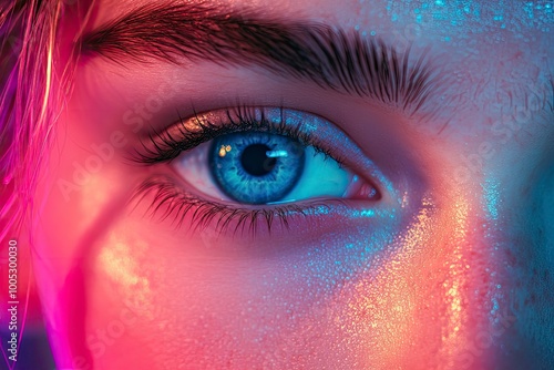 Blue eyes. Closeup eyes of beautiful young girl looking at camera in pink neon light. Concept of cosmetics, makeup, natural and eco treatment, skin care. with generative ai