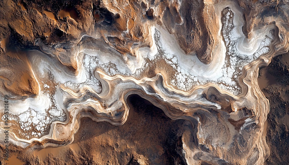 custom made wallpaper toronto digitalAn aerial view of a canyon with white salt deposits and brown rock formations.