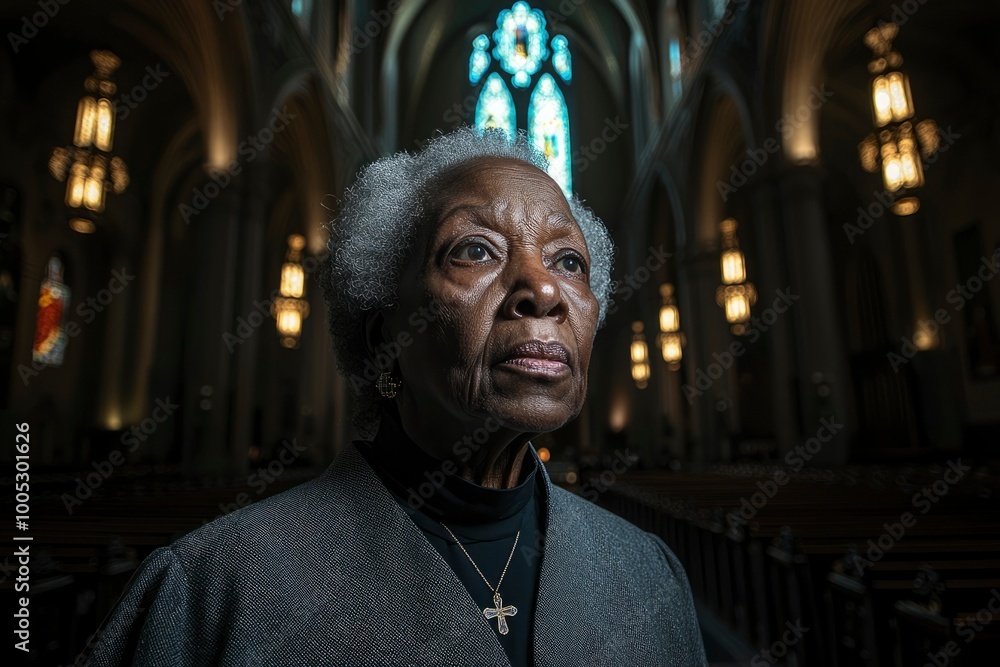 Fototapeta premium A Portrait of a Woman with Grey Hair Wearing a Cross Necklace in a Church
