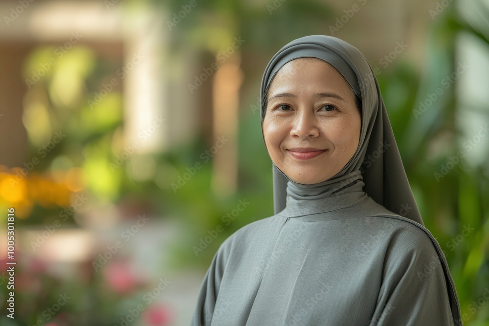 A Woman in a Grey Hijab Smiling at the Camera A Woman in a Grey Hijab Smiling at the Camera