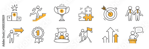 Doodle career icon set. Success winner, business goal, challenge hand drawn sketch line pen stroke style icon. Professional business career, goal sketch doodle drawn collection. Vector illustration