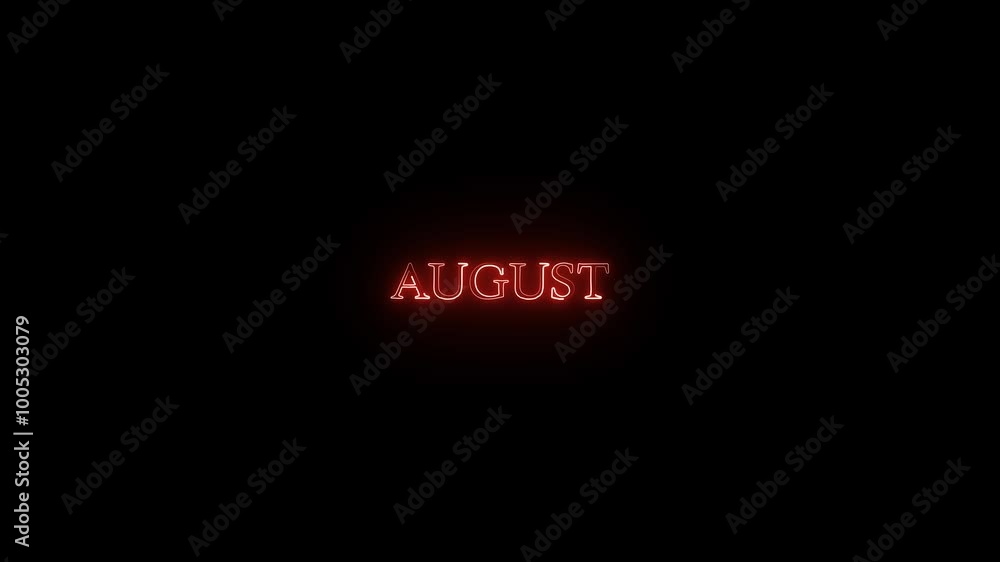 Abstract neon shine month name text August icon animation with black background. Abstract neon shine month name text August icon animation with black background.