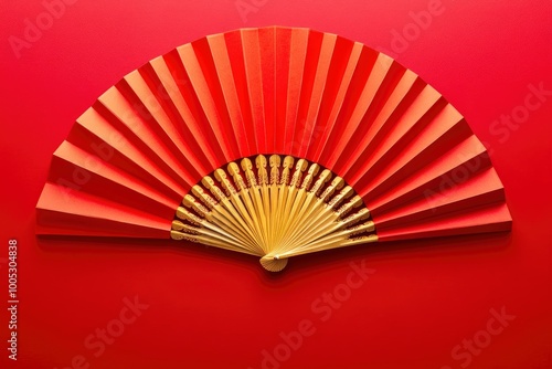 Chinese New Year 2025 year of the rabbit decorations on red background. Red paper fans with golden decorations. with generative ai