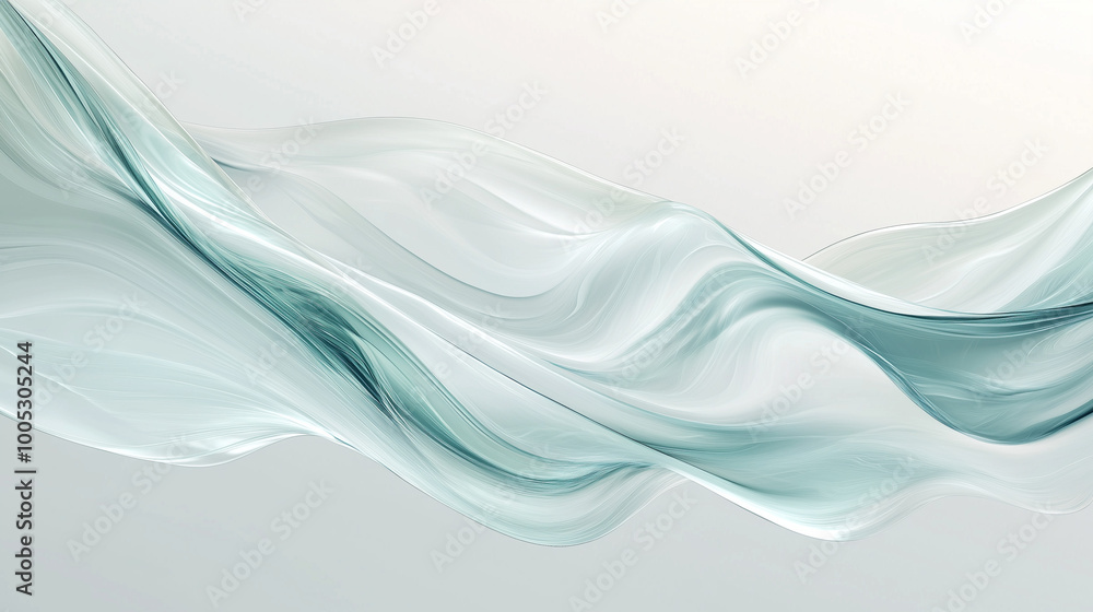 Fototapeta premium An abstract rendering of liquid glass, with smooth, translucent waves of glassy textures in subtle hues of silver and teal