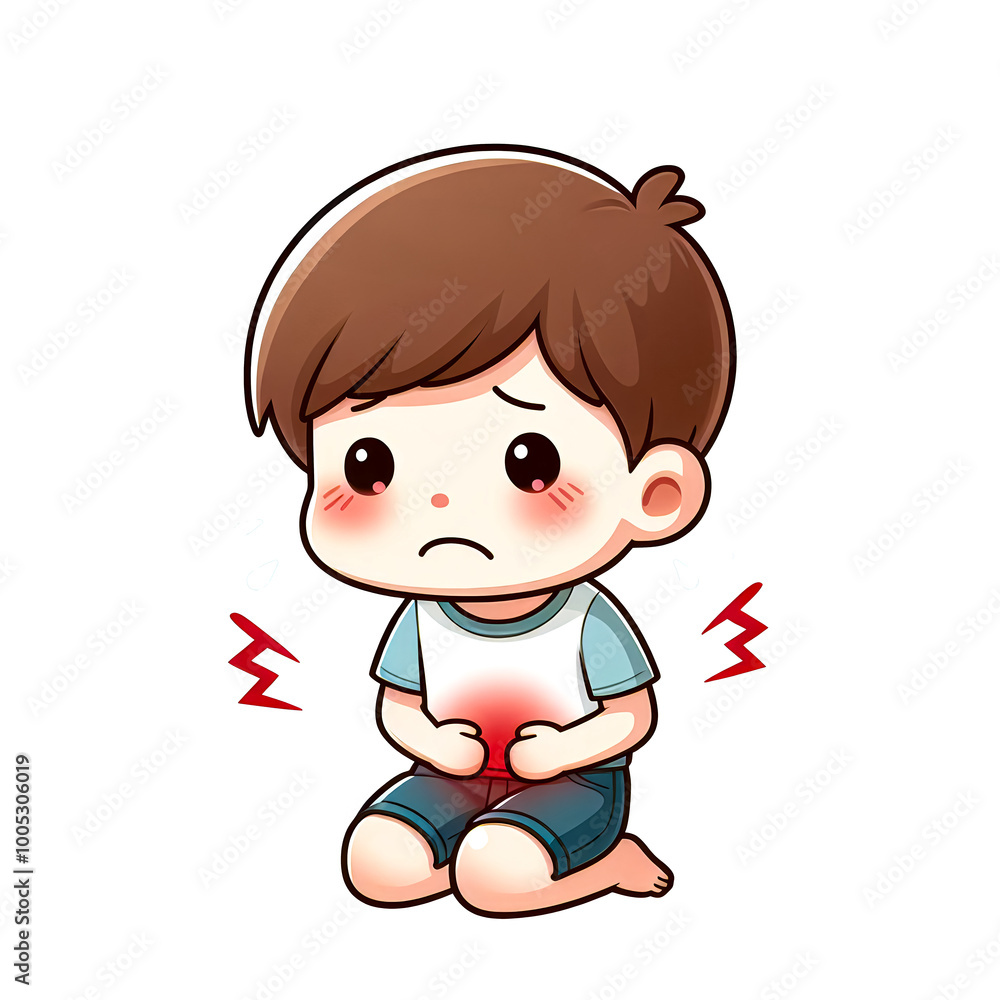 Isolated vector illustration of a boy having stomach pain from indigestion on white background. Isolated vector illustration of a boy having stomach pain from indigestion on white background.