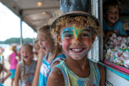 A Portrait of a Young Girl Wearing a Top Hat and Face Paint, Smiling photo