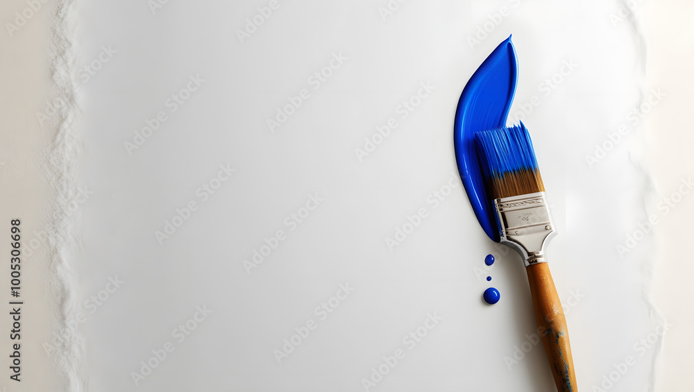 Single clean paintbrush dipped in vibrant blue paint on a white background. Single clean paintbrush dipped in vibrant blue paint on a white background.