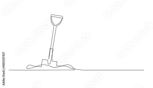 continuous line of shovel and pile of soil.one line drawing of shovel used in agricultural and plantation work.isolated white background