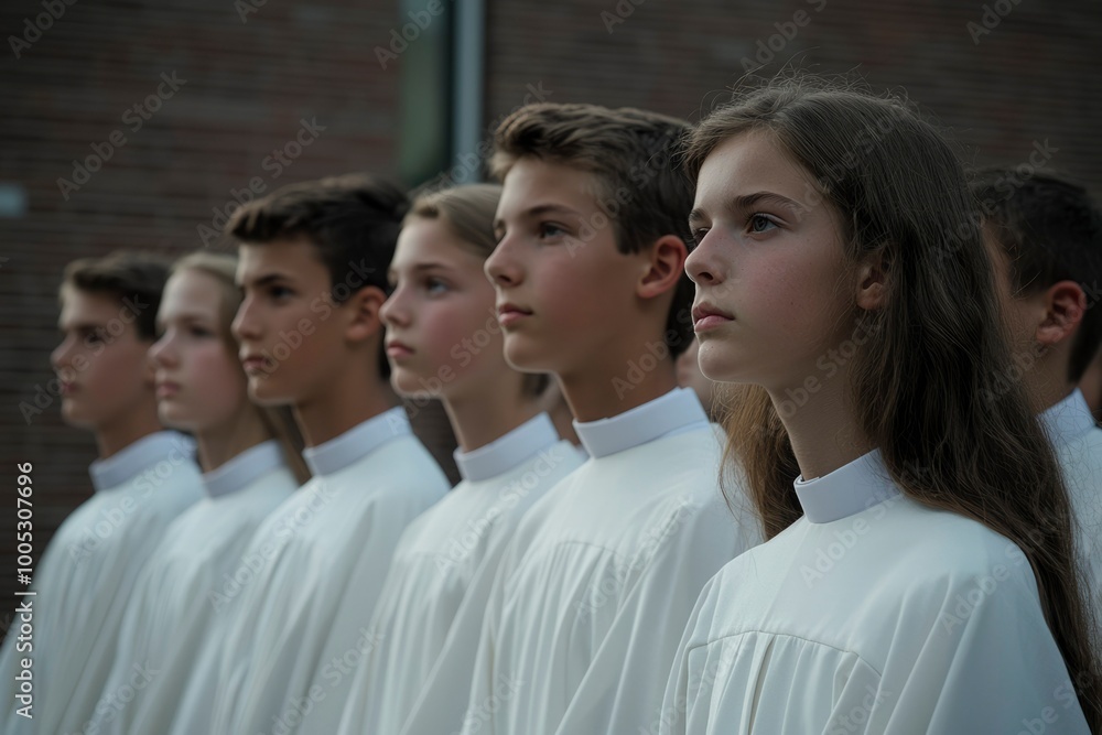 Obraz premium Children in White Robes Look Upwards Together