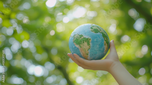 World environment day, woman hand holding globe with tree on green tree bokeh background, Ai generated images