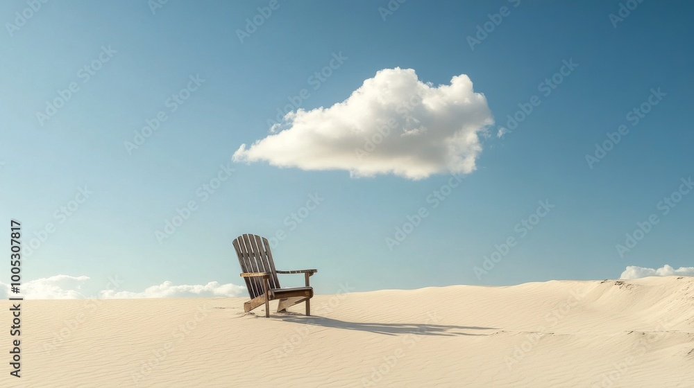 Solitary chair on sand dune under a cloud, serene landscape. Tranquility and solitude concept Solitary chair on sand dune under a cloud, serene landscape. Tranquility and solitude concept