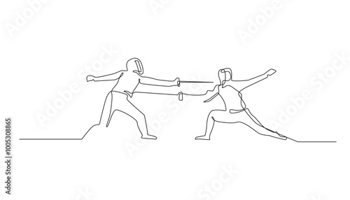 continuous line of fencing sport.one line drawing of fencing competition championship.single line vector illustration.isolated white background