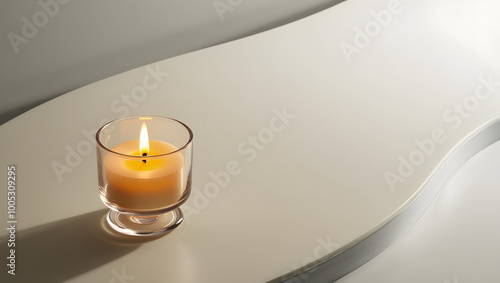 lit candle in a glass holder with a soft flame on a white background with shadows. photo