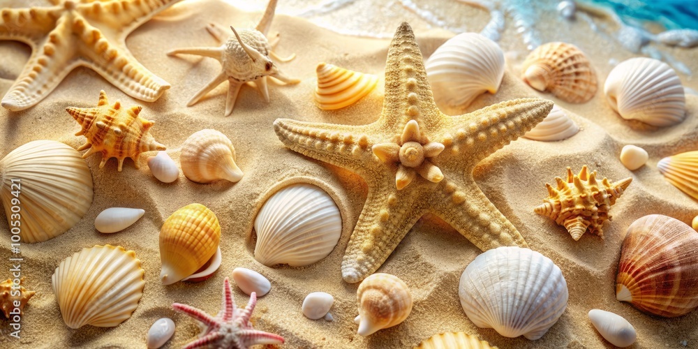 Delicate white and beige seashells nestled with starfish create a tranquil scene on soft sand, inviting a soothing Delicate white and beige seashells nestled with starfish create a tranquil scene on soft sand, inviting a soothing