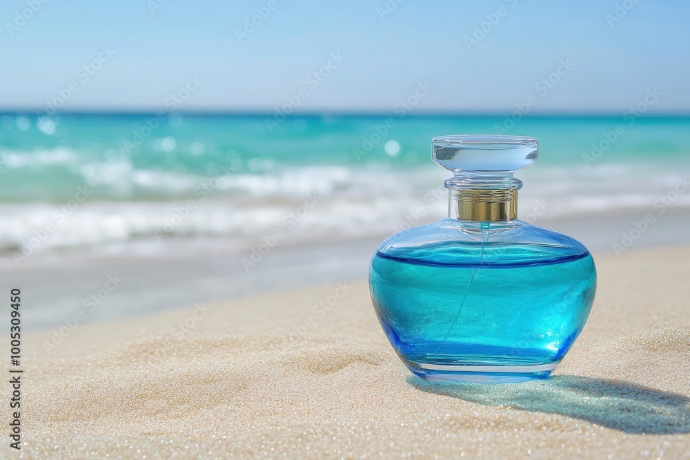 Close up of a glass pot-bellied bottle of blue perfume on the sandy shore of the ocean. In the background, the ocean surf and the horizon. with generative ai Close up of a glass pot-bellied bottle of blue perfume on the sandy shore of the ocean. In the background, the ocean surf and the horizon. with generative ai