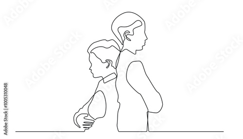 continuous line of sibling quarrel.drawing one line of brother and sister quarrel at home.isolated white background