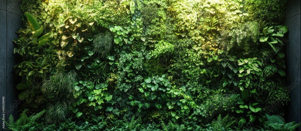 Obraz premium Lush green vertical garden wall with various plants.