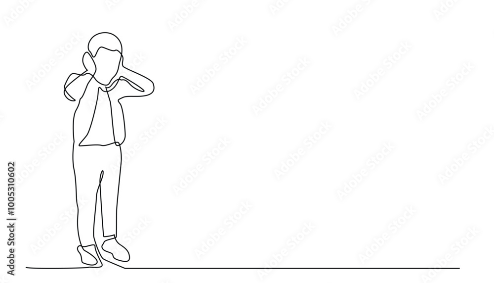 continuous line of child covering his ears.drawing one line child's mental health,child screaming and covering his ears.isolated white background continuous line of child covering his ears.drawing one line child's mental health,child screaming and covering his ears.isolated white background
