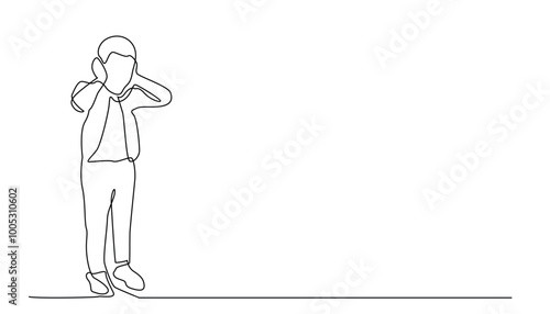 continuous line of child covering his ears.drawing one line child's mental health,child screaming and covering his ears.isolated white background