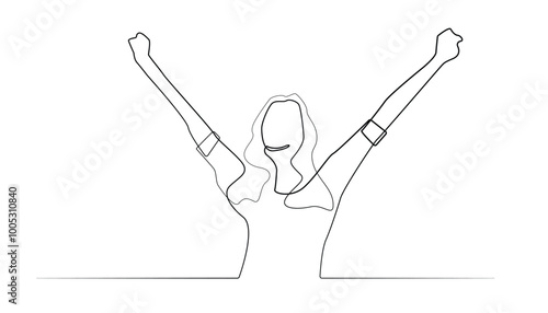 continuous line of young woman feeling the freedom of stretching her arms up.free line drawing of young woman.eps 10
