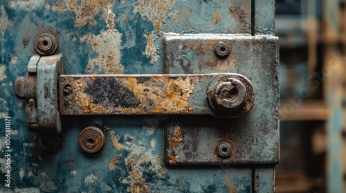 Close-up of a rusty metal latch on an old door, showcasing weathered textures and colors.