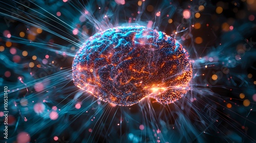 Abstract depiction of a vibrant brain illuminated with glowing synapses, representing the awe of human cognition and neural connections.