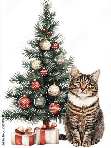 festive cat sits beside beautifully decorated Christmas tree adorned with colorful ornaments and presents. scene captures joy and warmth of holiday season. 