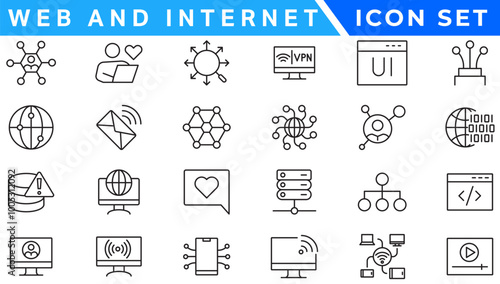 Wireless and Network vector line icon set. Contains linear outline icons like Connection, Signal, Internet, Phone, Radio, Computer, Wifi, Communication, Antenna. Editable use and stroke