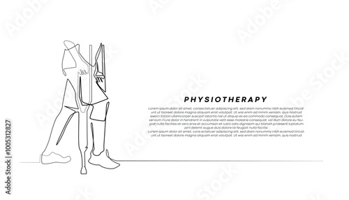 continuous line of people with leg injuries and walking with leg crutches.single line of physiotherapy leg injury healing.isolated on white background