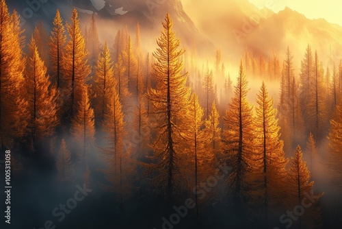 Golden Light Through Foggy Autumn Forest - Aerial View