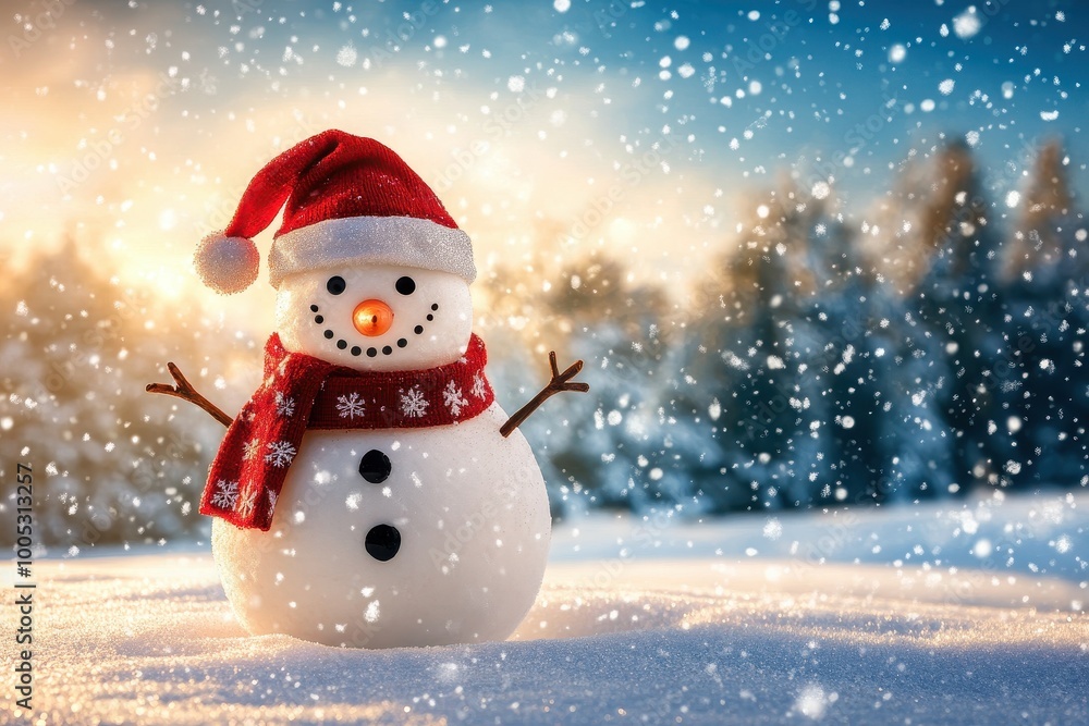 Fototapeta premium happy snowman fantasy standing in winter christmas landscape.