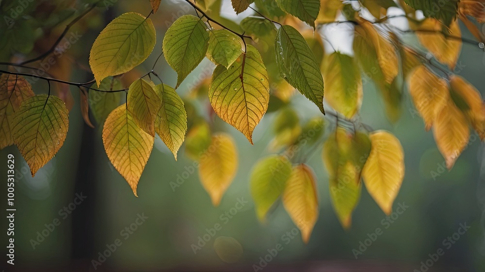 Obraz premium Beautiful green leaves in the autumn forest