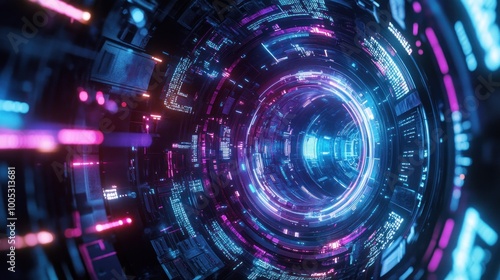 A futuristic tunnel of light and technology, showcasing vibrant colors and intricate patterns.