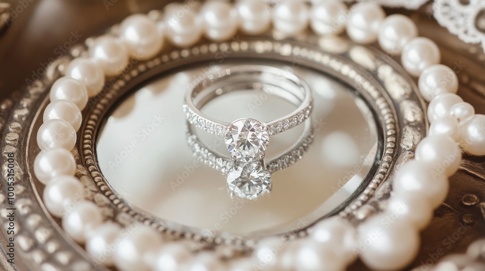 A flat-lay of a diamond engagement ring, surrounded by pearls and lace on a vintage mirror. A flat-lay of a diamond engagement ring, surrounded by pearls and lace on a vintage mirror.