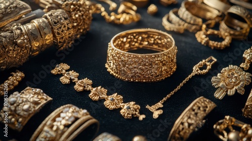 A flat-lay of gold jewelry, including bracelets and rings, on a black velvet surface.