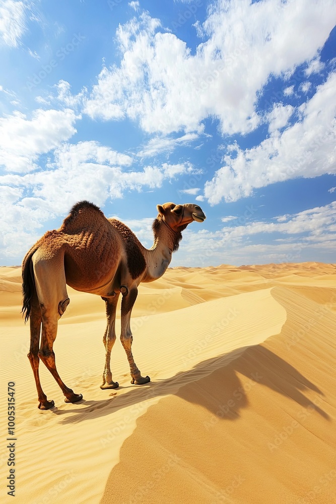 A lone camel stands on a sand dune in the desert, looking up at the blue sky with fluffy white clouds. A lone camel stands on a sand dune in the desert, looking up at the blue sky with fluffy white clouds.