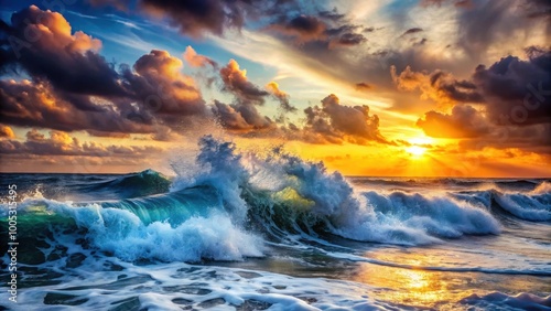 Wavy ocean water splashing during sunset storm, ocean, sea, water, waves, sunset, storm, splash, dramatic, vibrant, nature