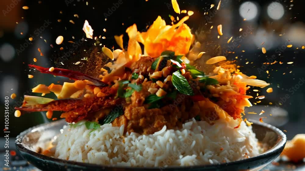 Spectacular Explosion Effect on Spicy Rice and Curry Dish Spectacular Explosion Effect on Spicy Rice and Curry Dish