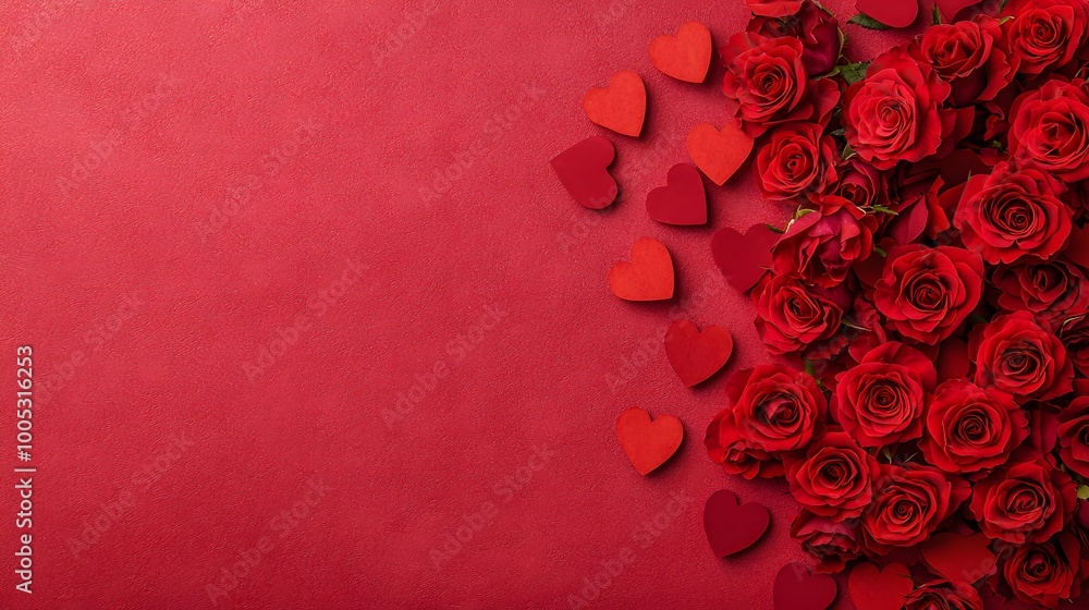 A vibrant arrangement of red roses and heart shapes on a solid red background creates a romantic atmosphere. Greetings and Wishes Concept A vibrant arrangement of red roses and heart shapes on a solid red background creates a romantic atmosphere. Greetings and Wishes Concept